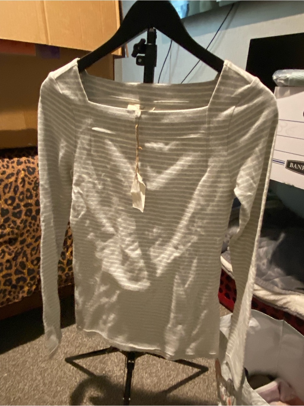 easel Light Gray & White Striped Long Sleeve Boatneck Top